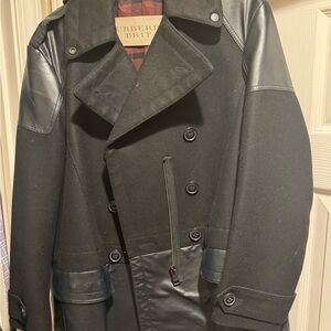 Burberry Black Pea Coat with Leather Accents
